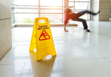 Wet floor sign with a person slipping in the background. | Action Law Group